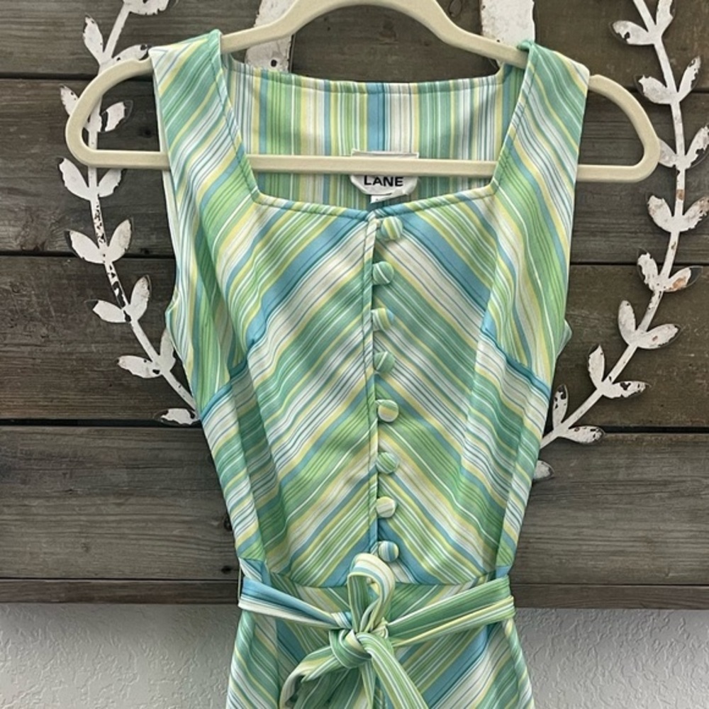 VTG Melissa Lane green striped sleeveless belted maxi dress size 10 - Picture 3 of 9
